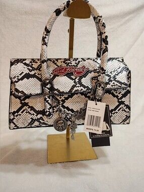 Ed Hardy White and Black Snake Print Satchel with Charm Accents